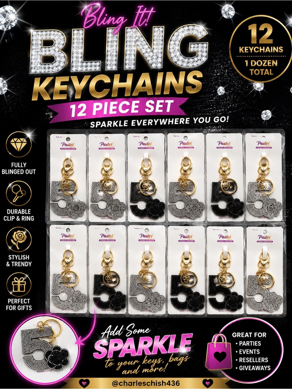 Bling It! 12-Piece Sparkle Number 5 Keychain Set — Black/Silver - Picture 1 of 1